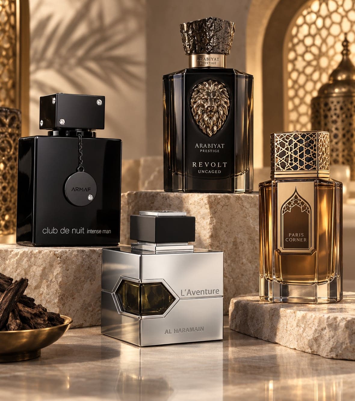 Armaf Club de Nuit, Arabiyat Prestige Revolt Uncaged, Al Haramain L'Aventure and a Paris Corner bottle on travertine, with oud chips in a brass dish