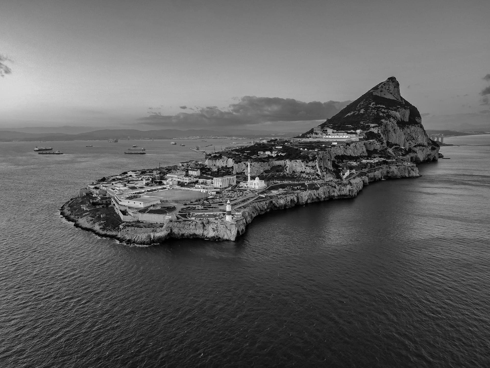 Aerial view of Gibraltar and the Rock at dusk, in black and white