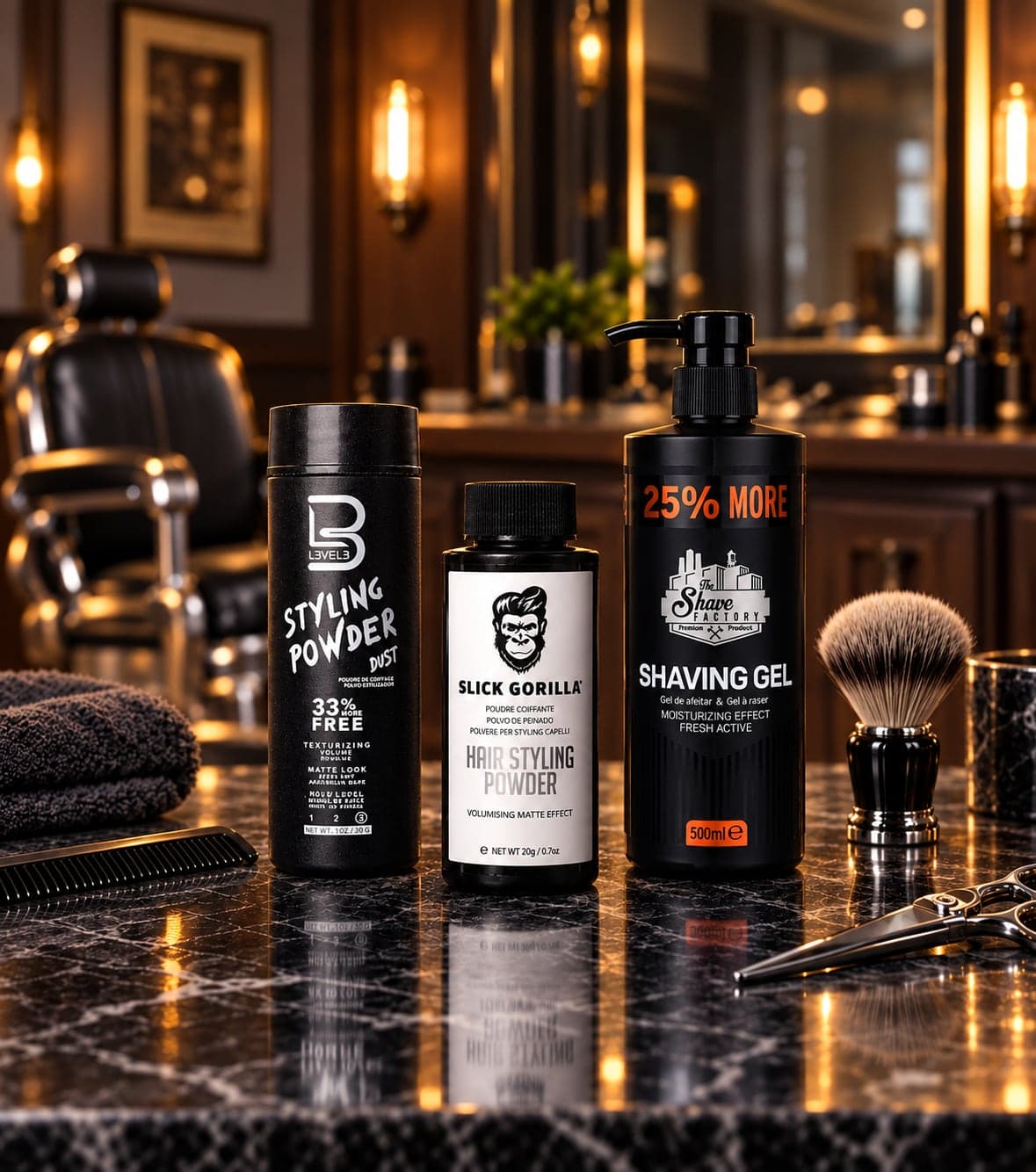 Level 3 styling powder, Slick Gorilla hair styling powder and The Shave Factory shaving gel on a barbershop counter