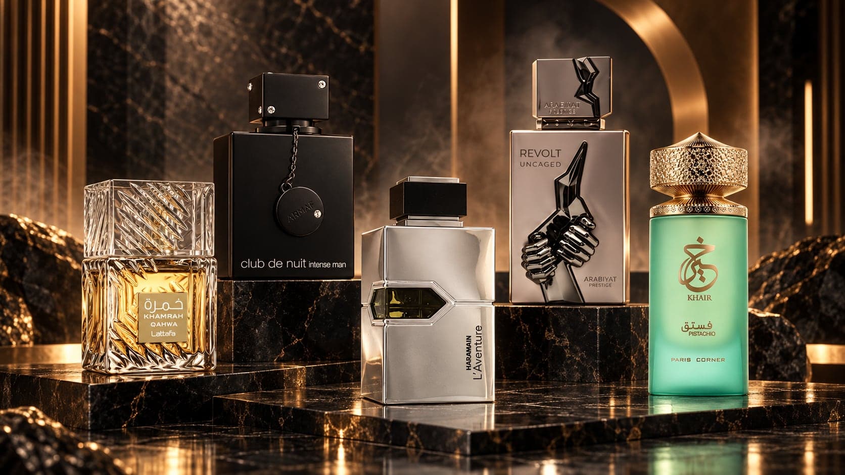 Five bottles on black marble: Lattafa Khamrah Qahwa, Armaf Club de Nuit Intense Man, Al Haramain L'Aventure, Arabiyat Prestige Revolt Uncaged and Paris Corner Khair Pistachio